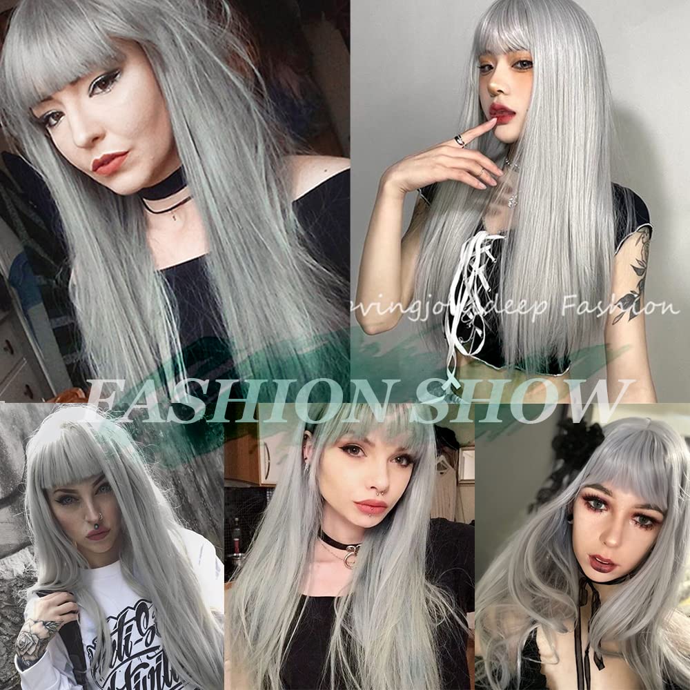 Mywigsland 28 Inch Icy Beauty Long Straight Grey Synthetic Heat Resistant Wig
