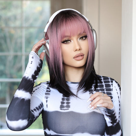 Black & Pink Stylish Synthetic Short Straight Hair Wig with Fringe for Daily Wear and Party