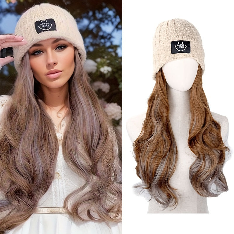 Warm Knit Hat Wig for Winter Synthetic Wig for Daily Wear