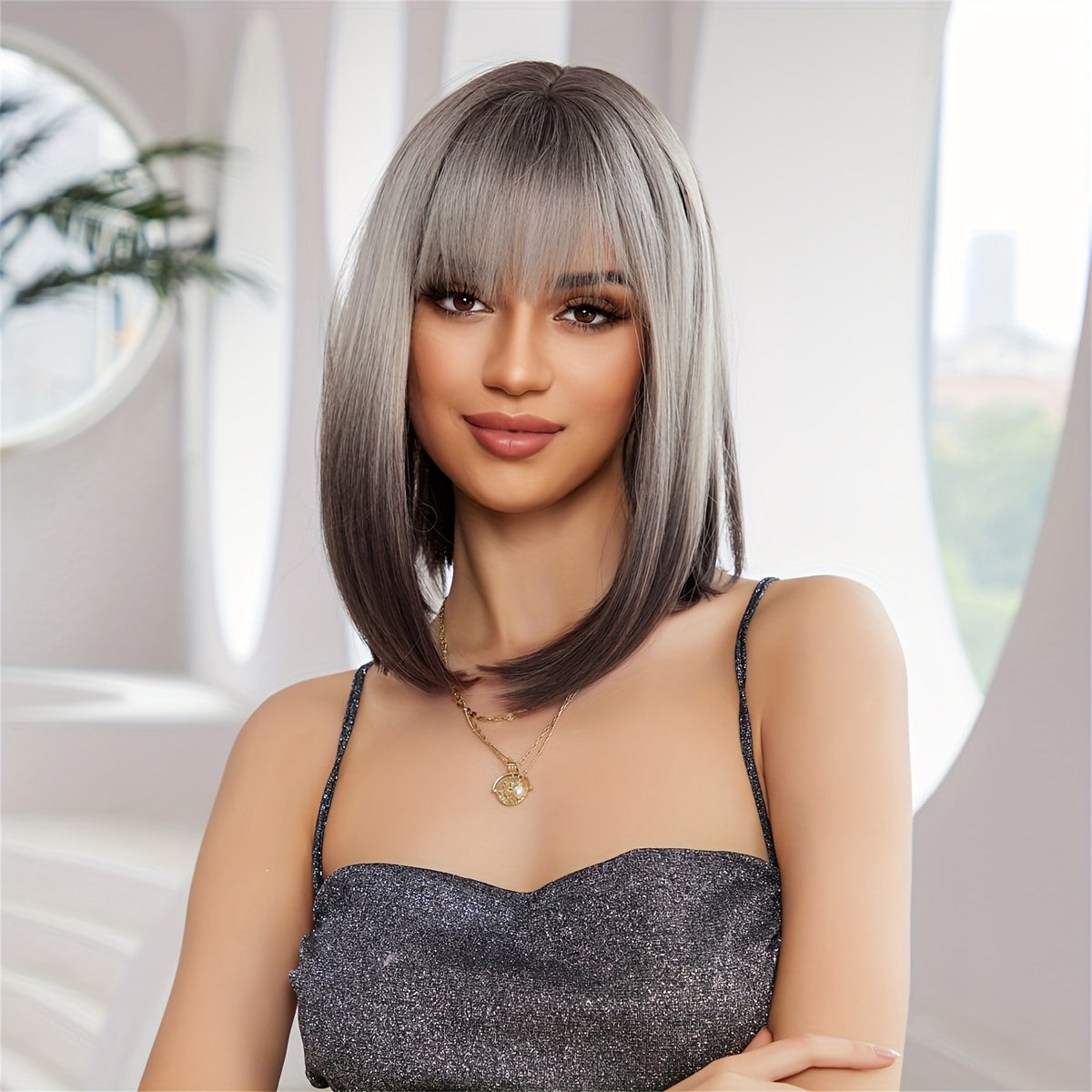 Black & Pink Stylish Synthetic Short Straight Hair Wig with Fringe for Daily Wear and Party