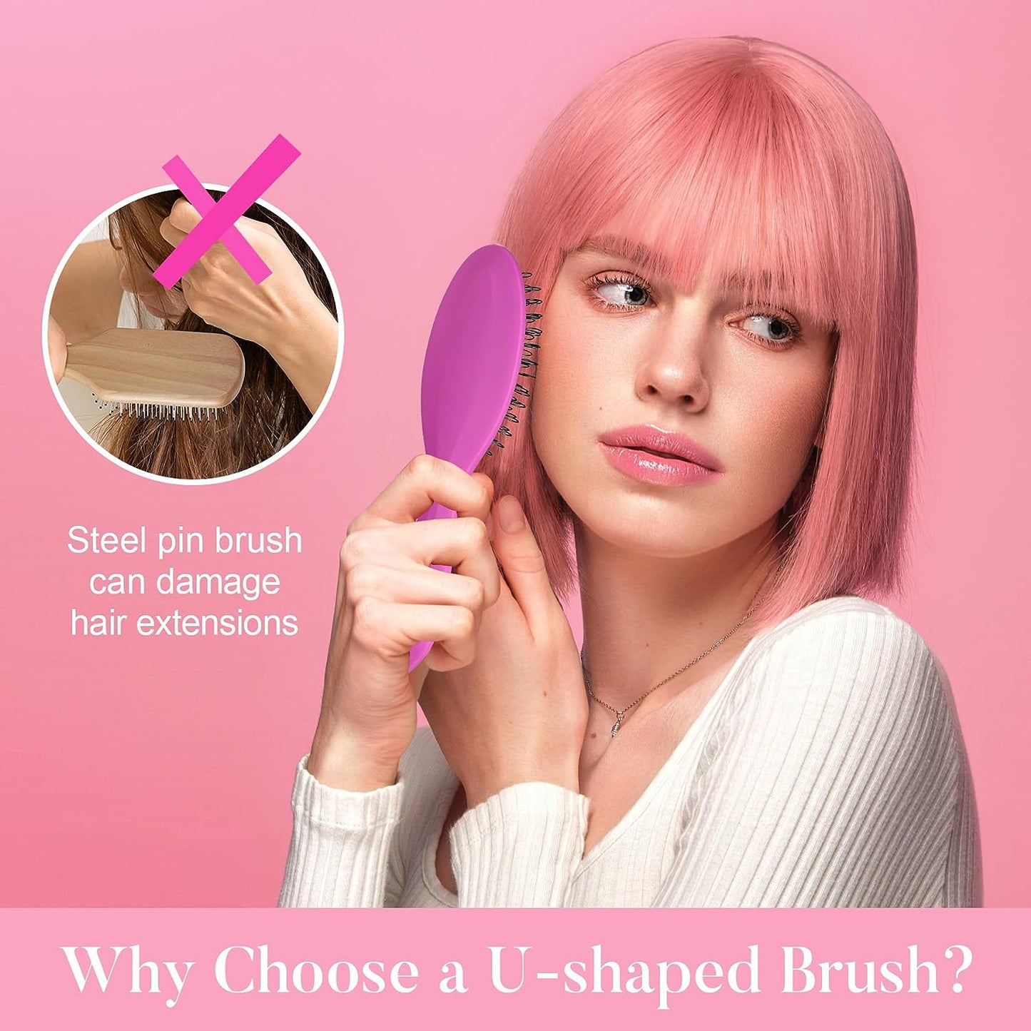 U-Shaped Design Protecting Hair Brush for Brushing, Styling & Detangling Natural and Synthetic Hair, Loop Bristle Hair Extension Brush for Detangling Wigs