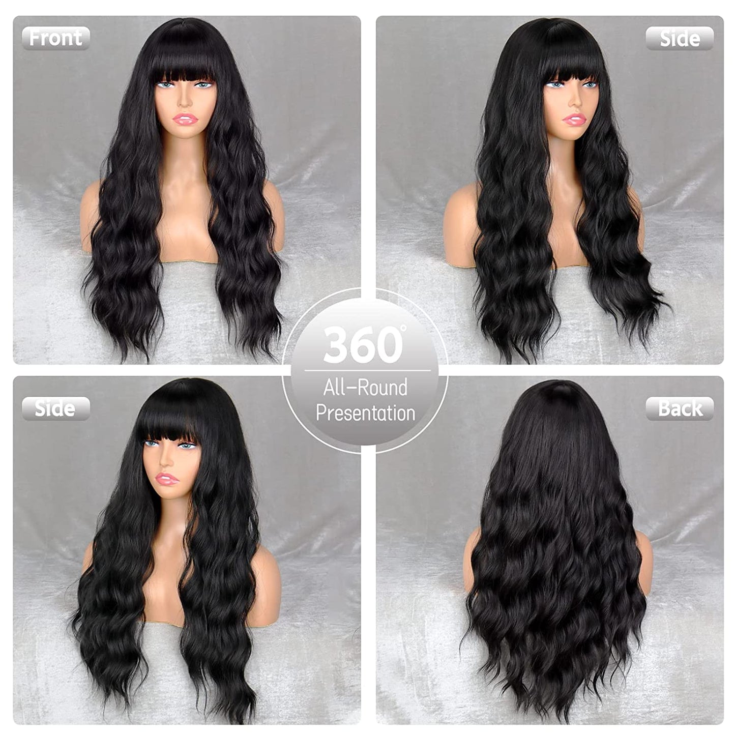 Mywigsland 28 Inch Flowy Wave Black Synthetic Wavy Wig with Fringe Heat Resistant Natural Style