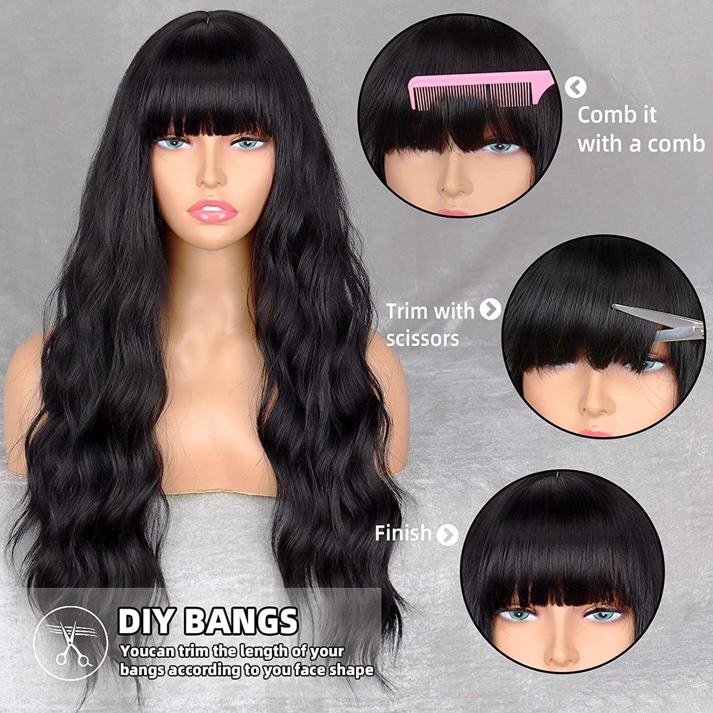 Mywigsland 28 Inch Flowy Wave Black Synthetic Wavy Wig with Fringe Heat Resistant Natural Style