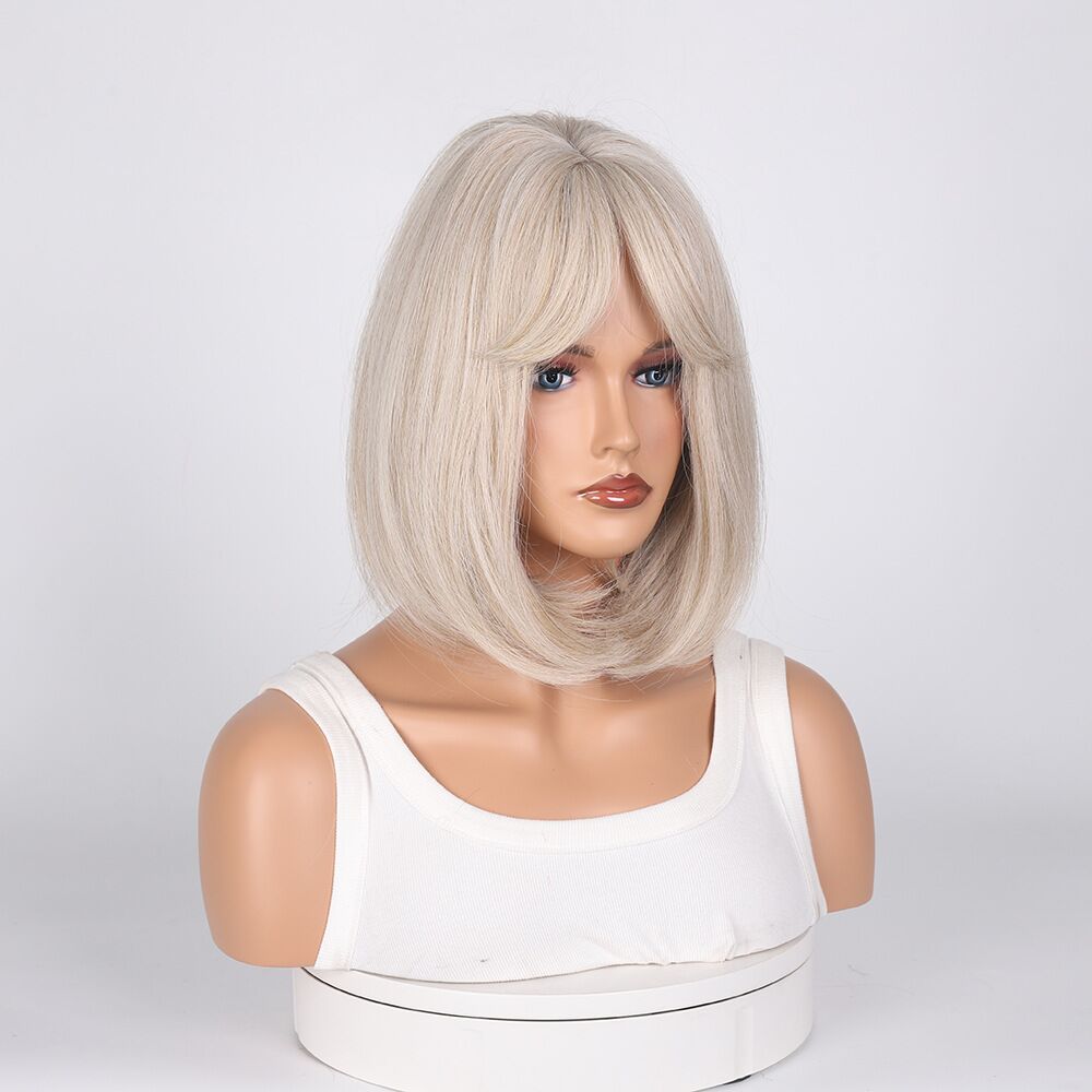 Mywigsland 12inch Ash Blonde Curtain Fringe Bob Heat Resistant Synthetic Wig for Daily Wear