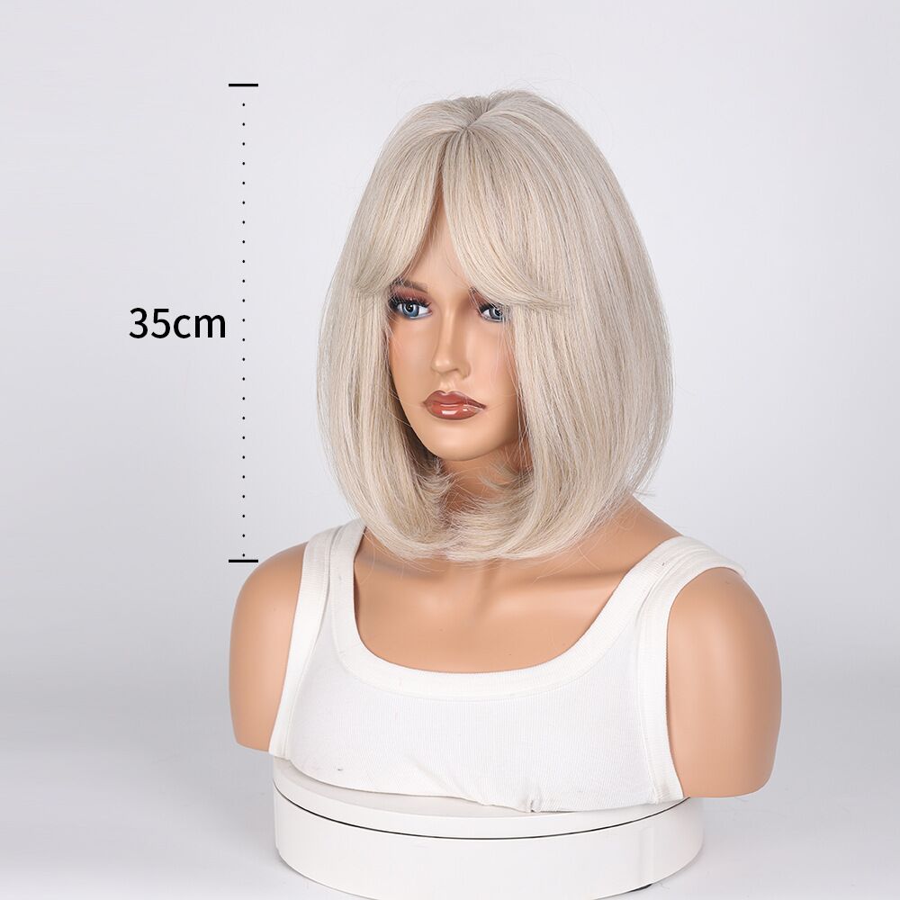 Mywigsland 12inch Ash Blonde Curtain Fringe Bob Heat Resistant Synthetic Wig for Daily Wear