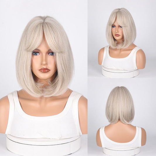 Mywigsland 12inch Ash Blonde Curtain Fringe Bob Heat Resistant Synthetic Wig for Daily Wear