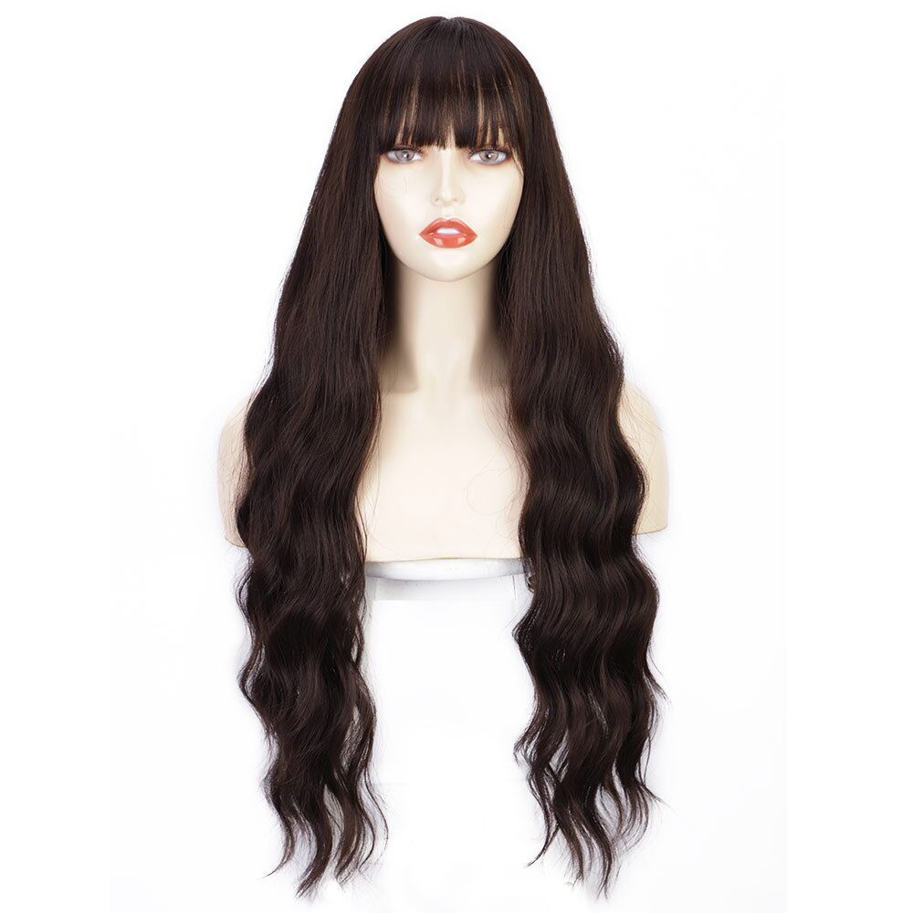 Mywigsland 28 Inch Flowy Wave Black Synthetic Wavy Wig with Fringe Heat Resistant Natural Style