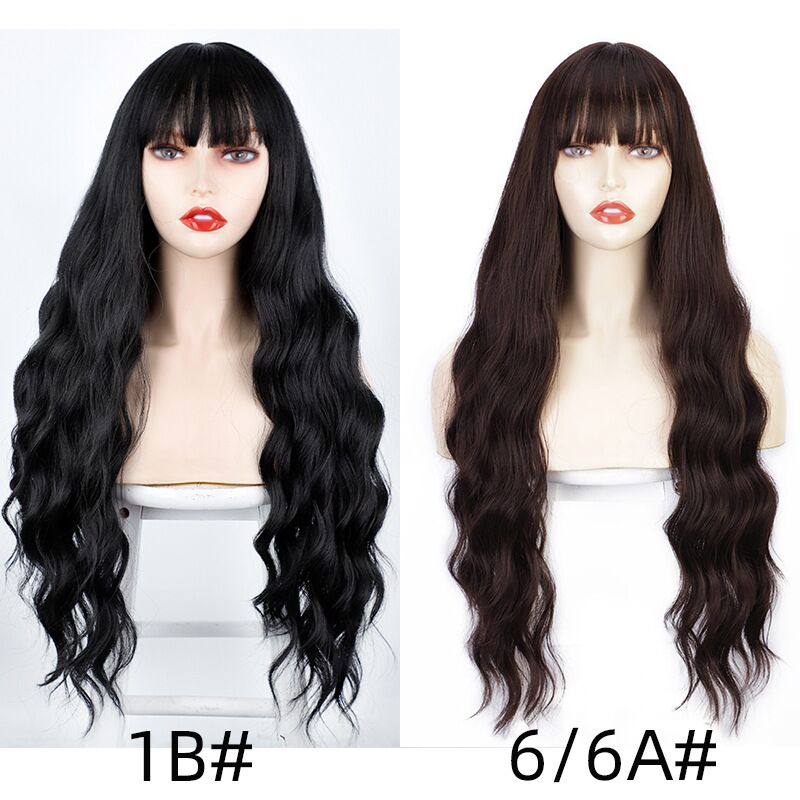 Mywigsland 28 Inch Flowy Wave Black Synthetic Wavy Wig with Fringe Heat Resistant Natural Style