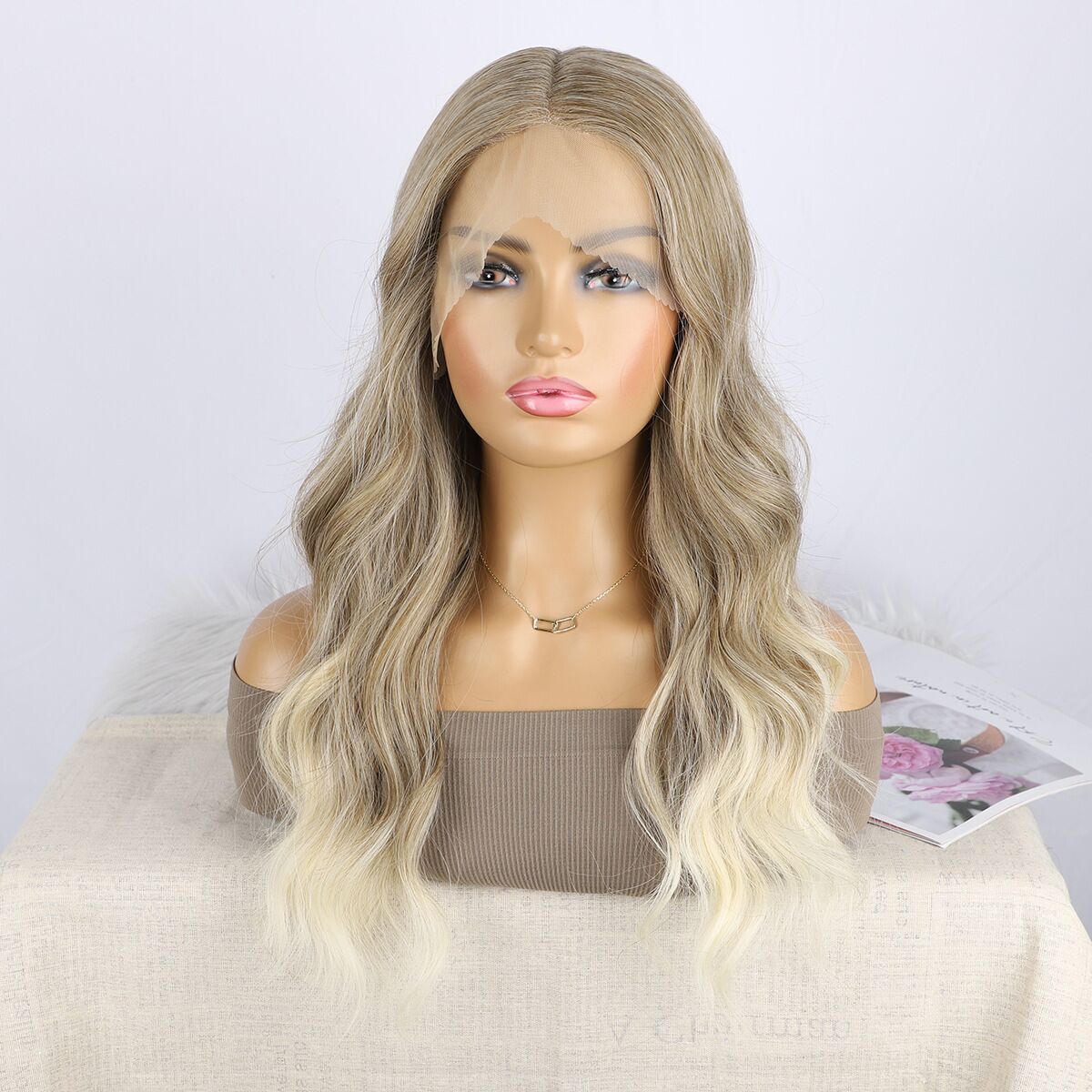 Mywigsland 24 Inch Ombre Ash Blonde T part Lace Front Wig High Quality Soft Synthetic Fibers