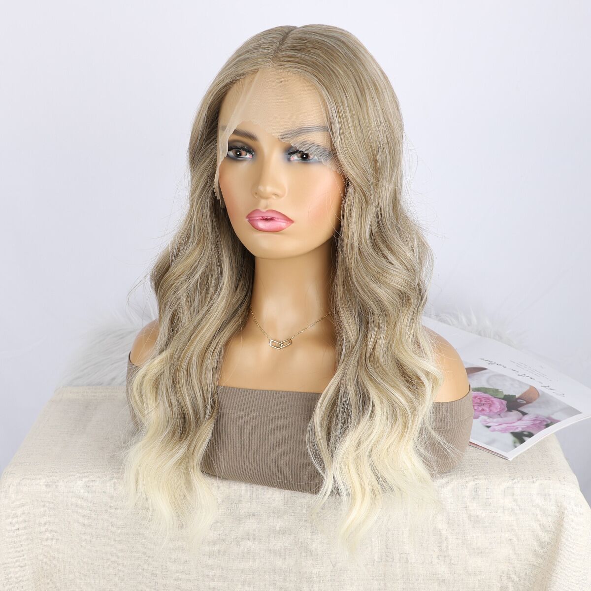 Mywigsland 24 Inch Ombre Ash Blonde T part Lace Front Wig High Quality Soft Synthetic Fibers