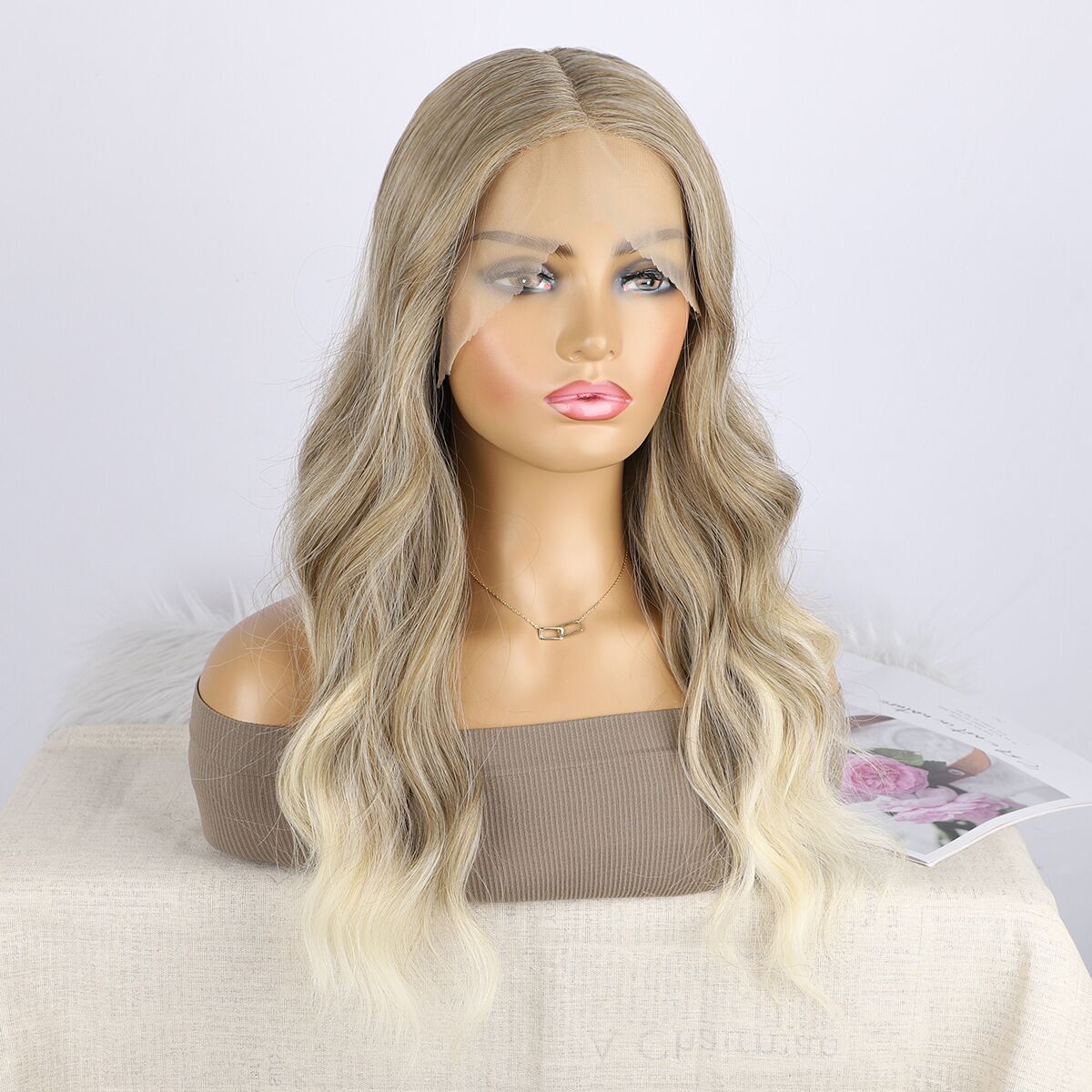 Mywigsland 24 Inch Ombre Ash Blonde T part Lace Front Wig High Quality Soft Synthetic Fibers