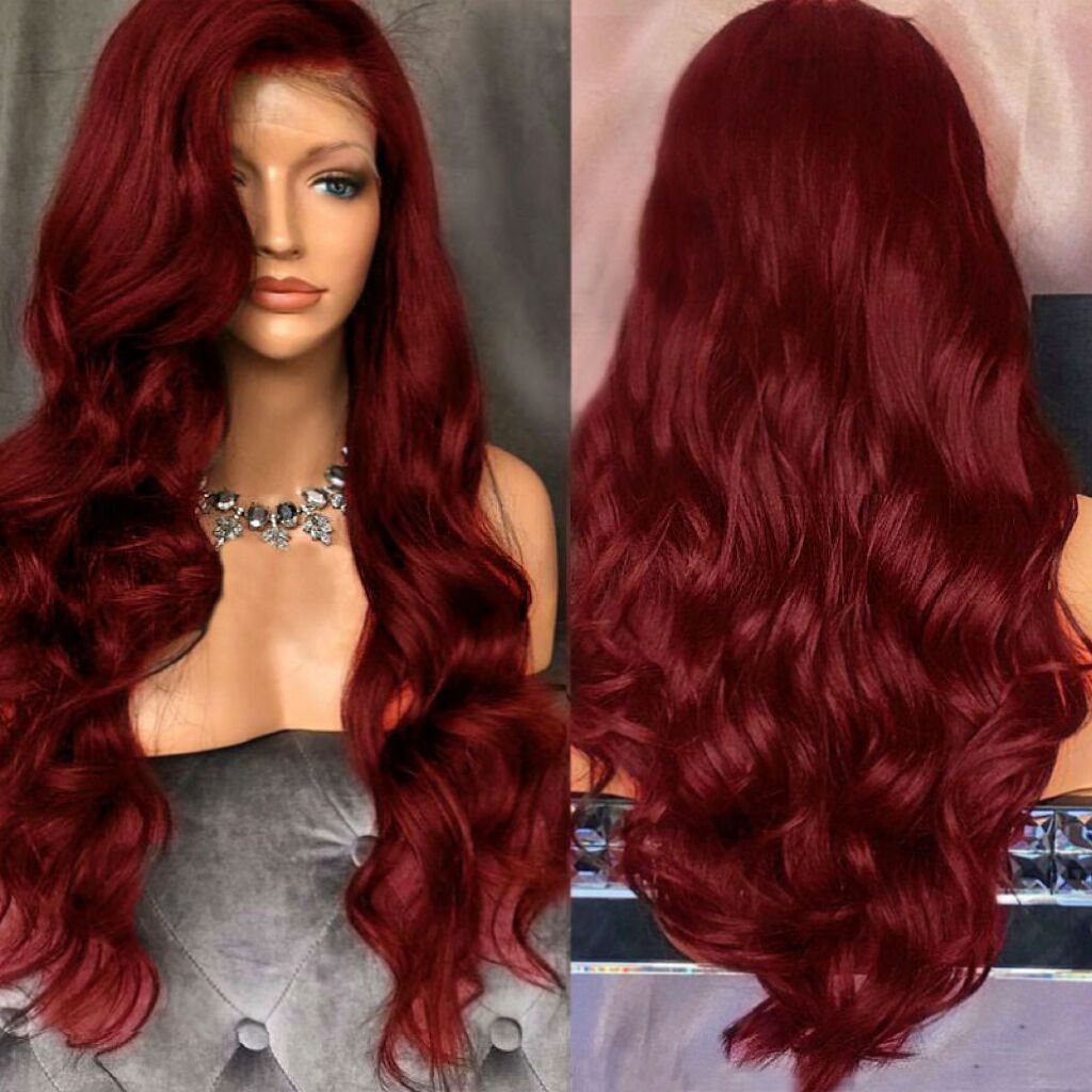 Mywigsland 26 Inch Burgundy 13x4 Lace Front Wig High Quality Soft Synthetic Fibers