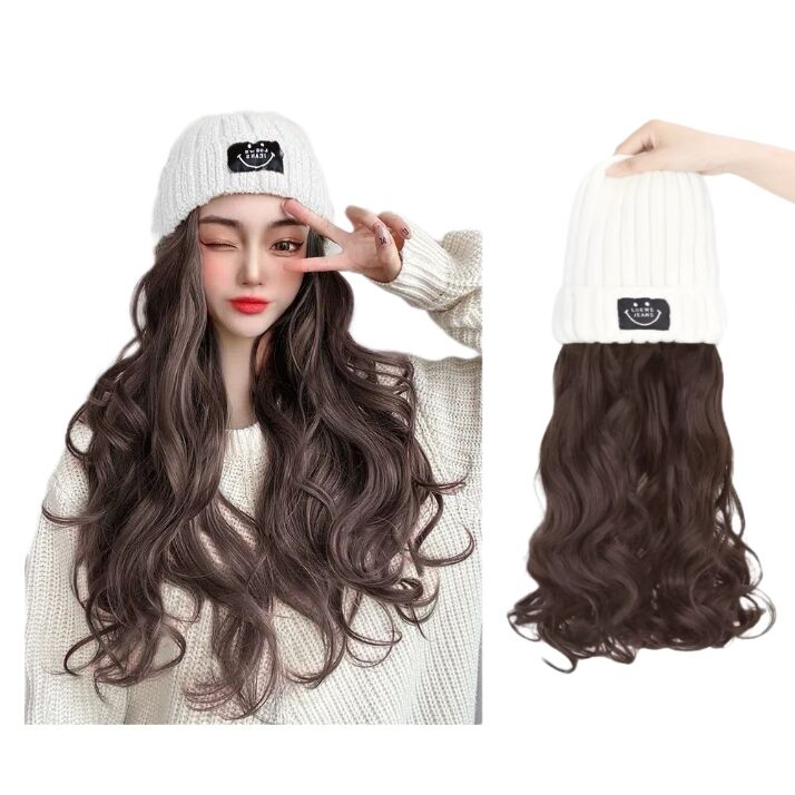 Warm Knit Hat Wig for Winter Synthetic Wig for Daily Wear