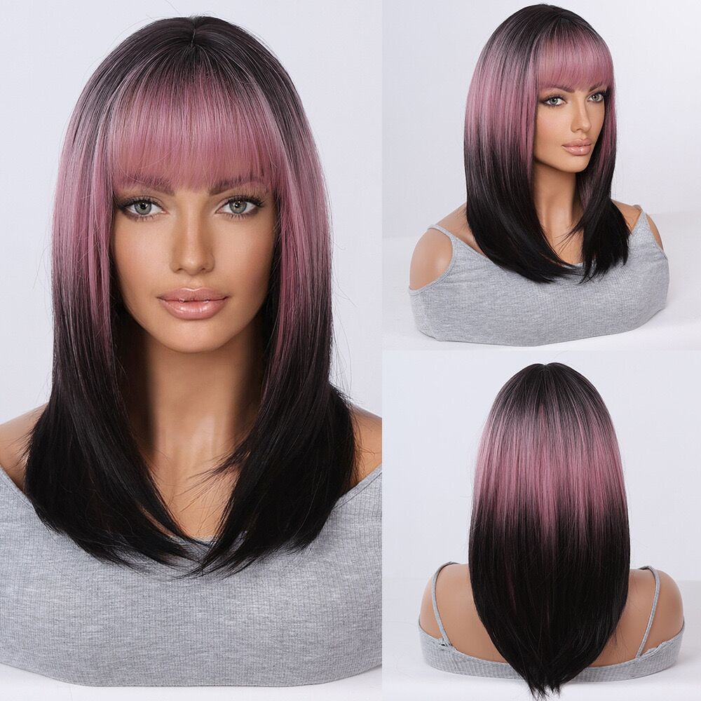 Black & Pink Stylish Synthetic Short Straight Hair Wig with Fringe for Daily Wear and Party