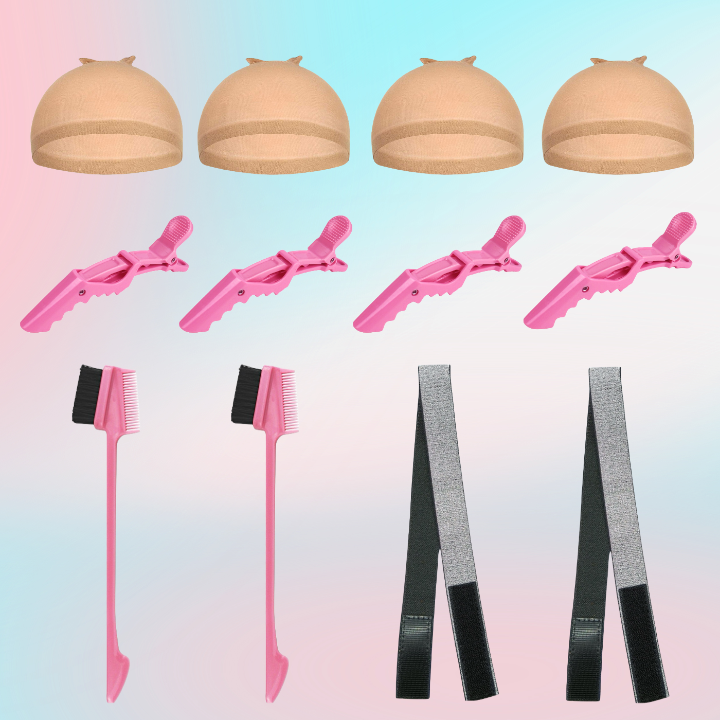 12pcs Wig Install Tools Including 4pcs Wig Cap, 4pcs Crocodile Clip, 2pcs Baby Hair Brush & 2pcs Lace Melting Band, Wig Accessories For Beginner