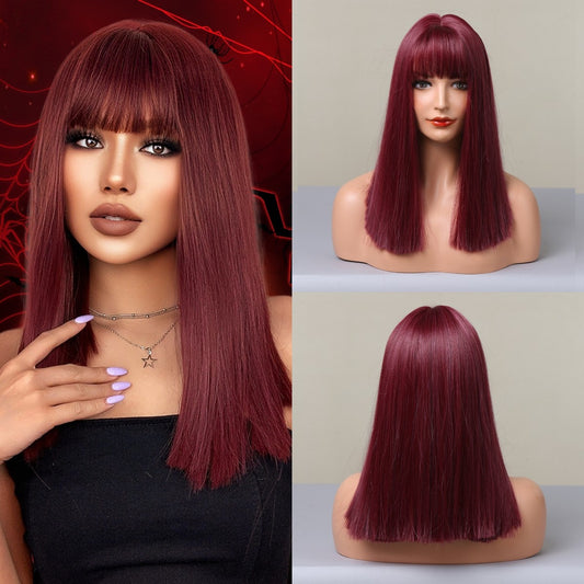 Burgundy Straight Wig with Middle Length