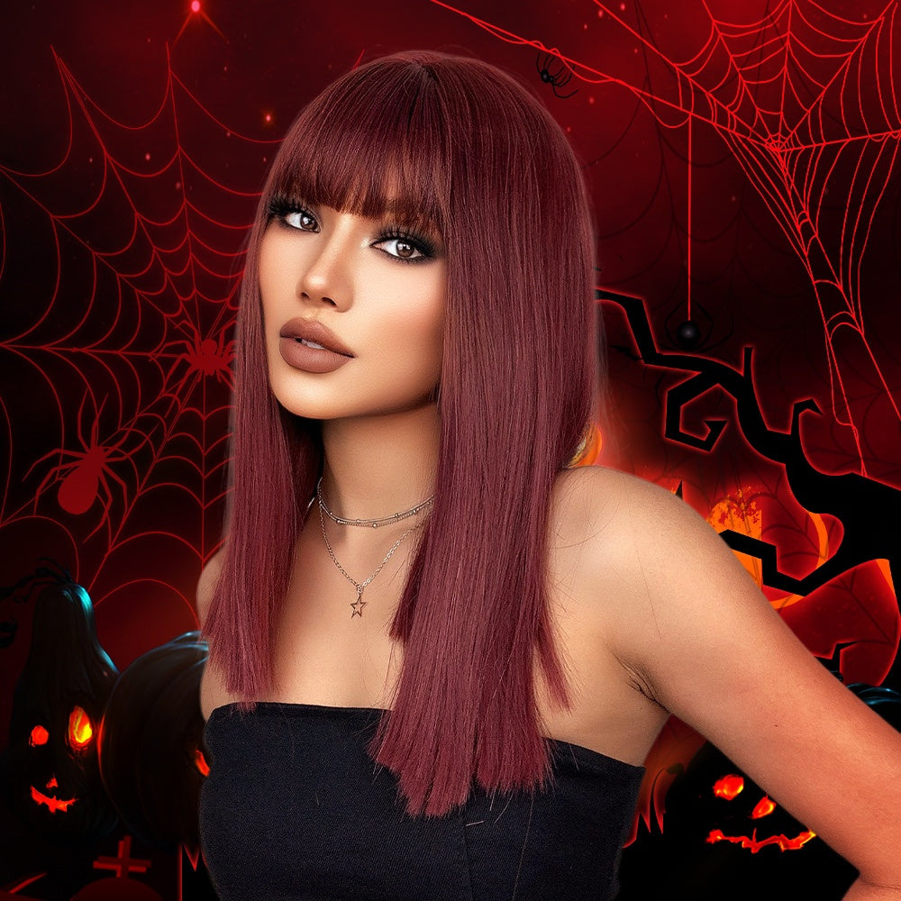 Burgundy Straight Wig with Middle Length