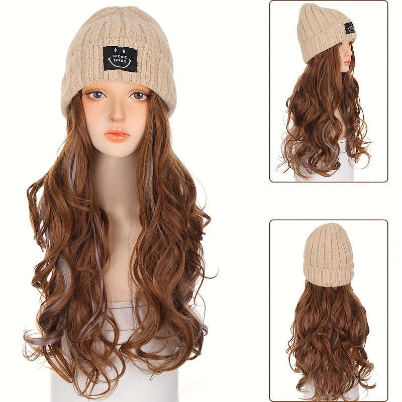 Warm Knit Hat Wig for Winter Synthetic Wig for Daily Wear