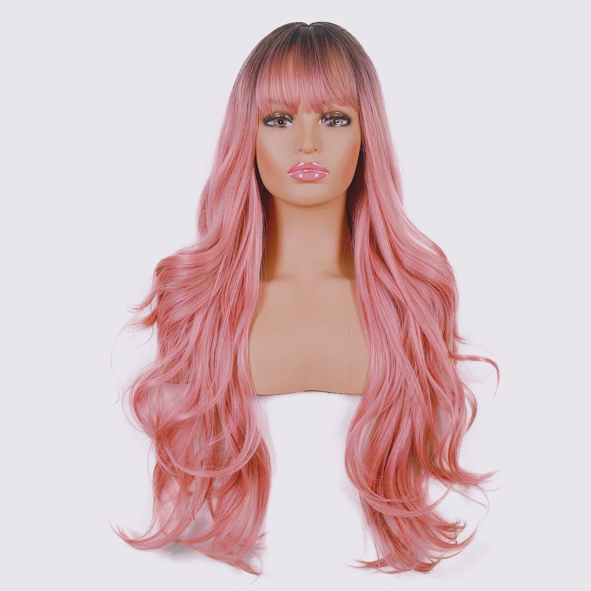 Mywigsland 28 Inch Peachy Glamour Wavy & Layered Ombre Baby Pink Synthetic Wig with Fringe