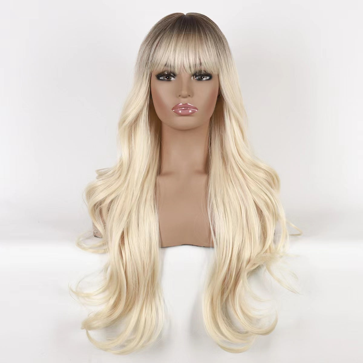 Mywigsland 28 Inch Peachy Glamour Wavy & Layered Ombre Baby Pink Synthetic Wig with Fringe