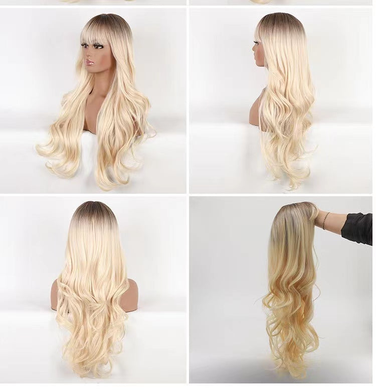 Mywigsland 28 Inch Peachy Glamour Wavy & Layered Ombre Baby Pink Synthetic Wig with Fringe