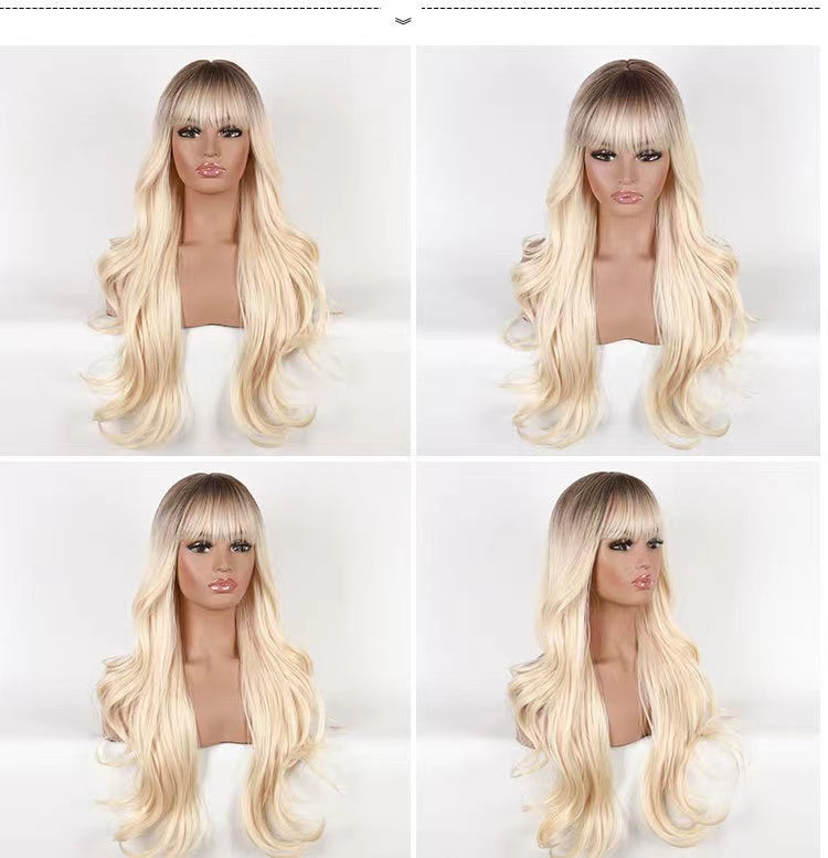 Mywigsland 28 Inch Peachy Glamour Wavy & Layered Ombre Baby Pink Synthetic Wig with Fringe