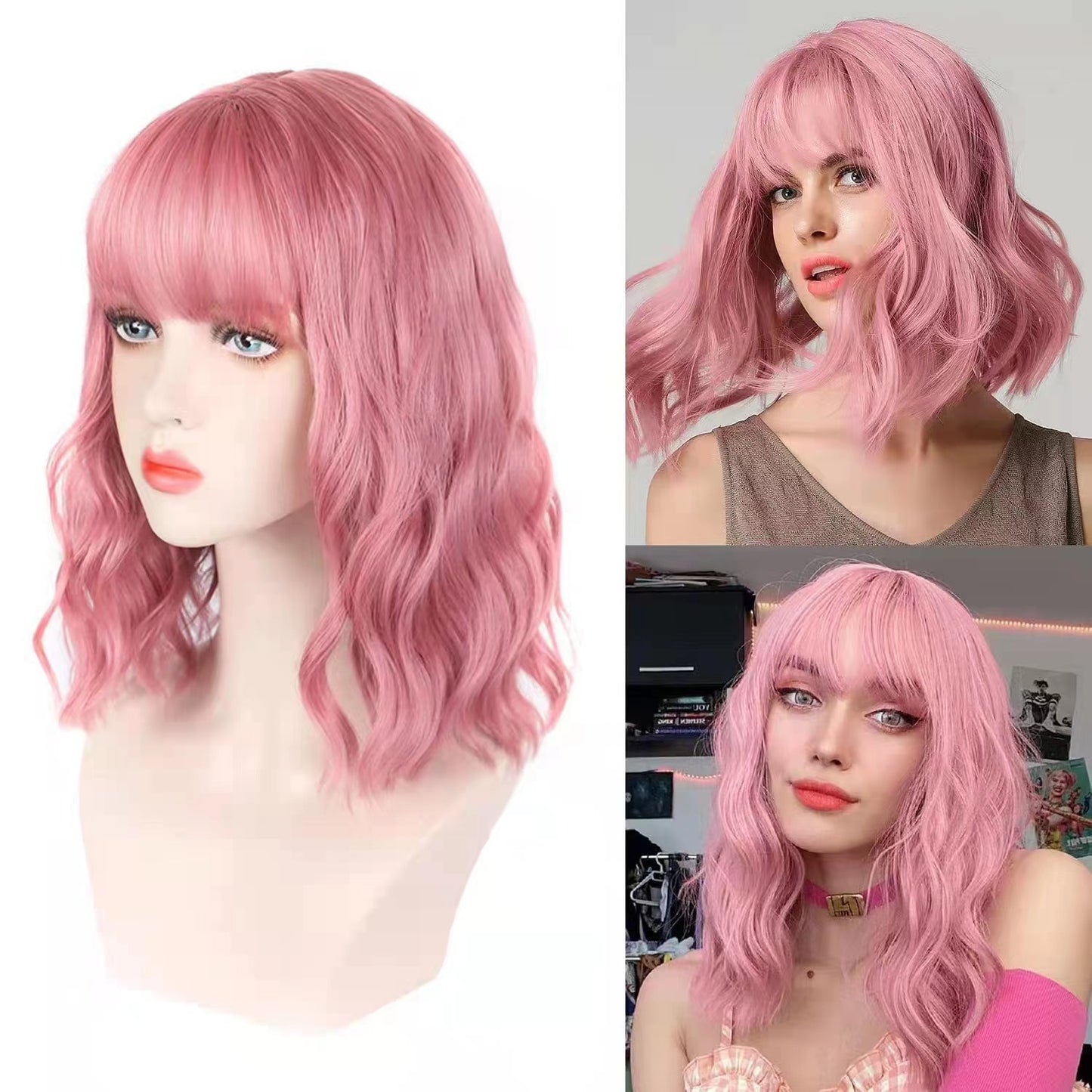 14inch Pink Short Wavy Synthetic Bob Wig with Lovely Bangs For Women