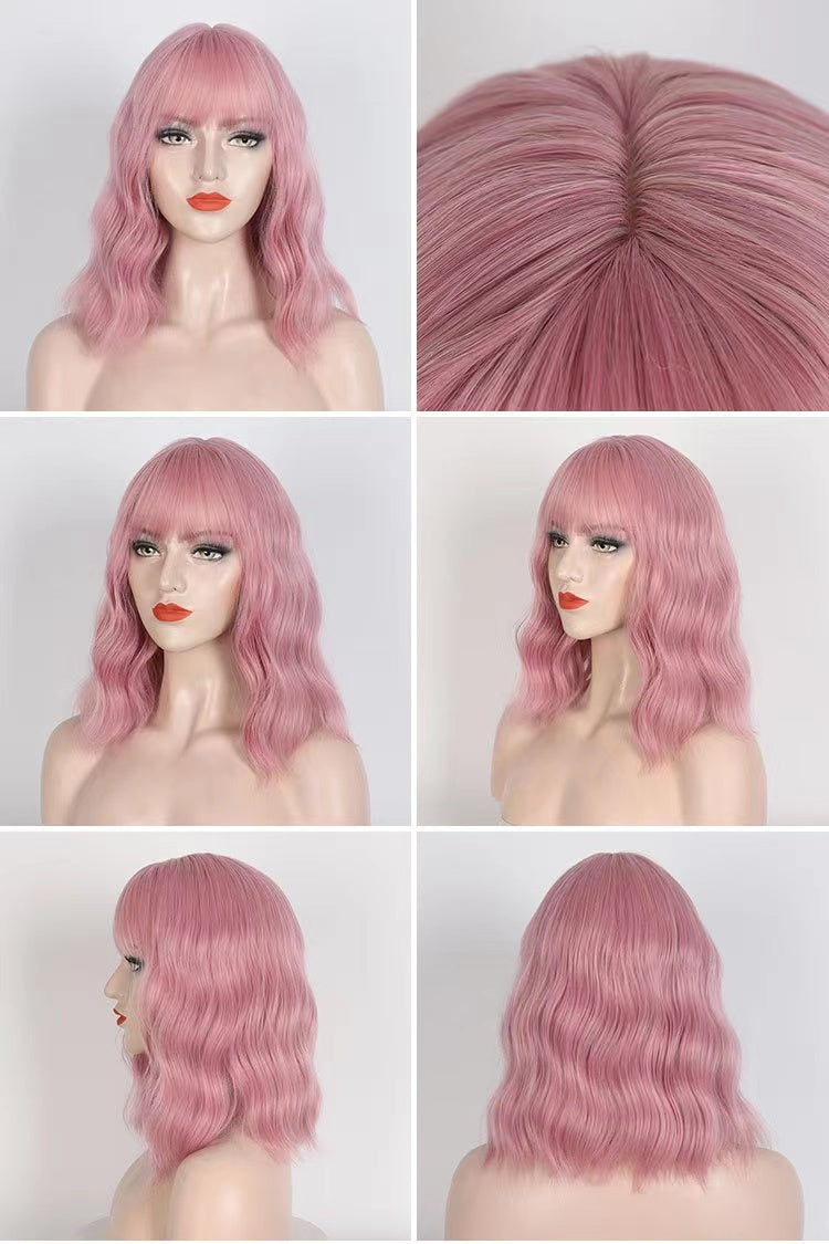 14inch Pink Short Wavy Synthetic Bob Wig with Lovely Bangs For Women