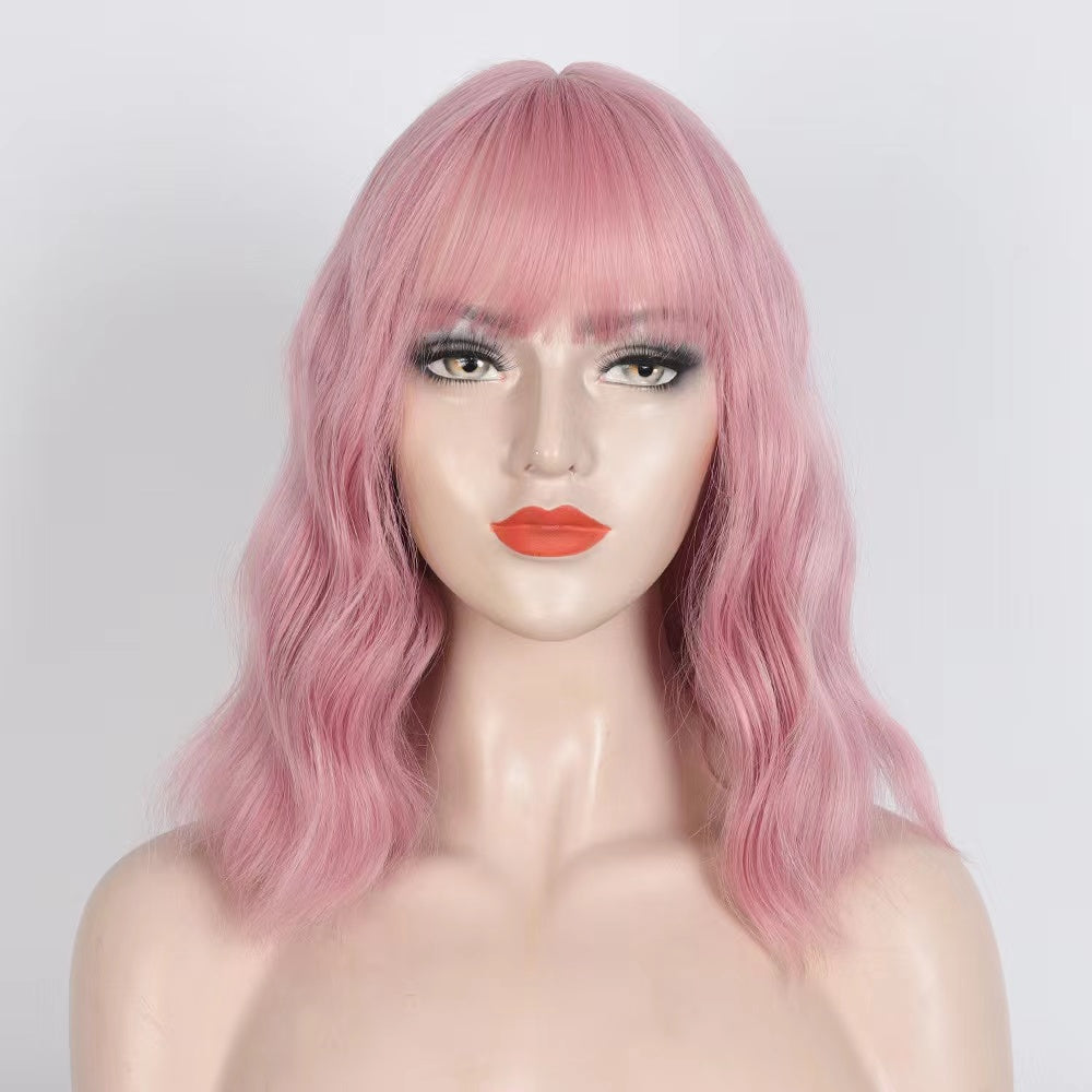 14inch Pink Short Wavy Synthetic Bob Wig with Lovely Bangs For Women