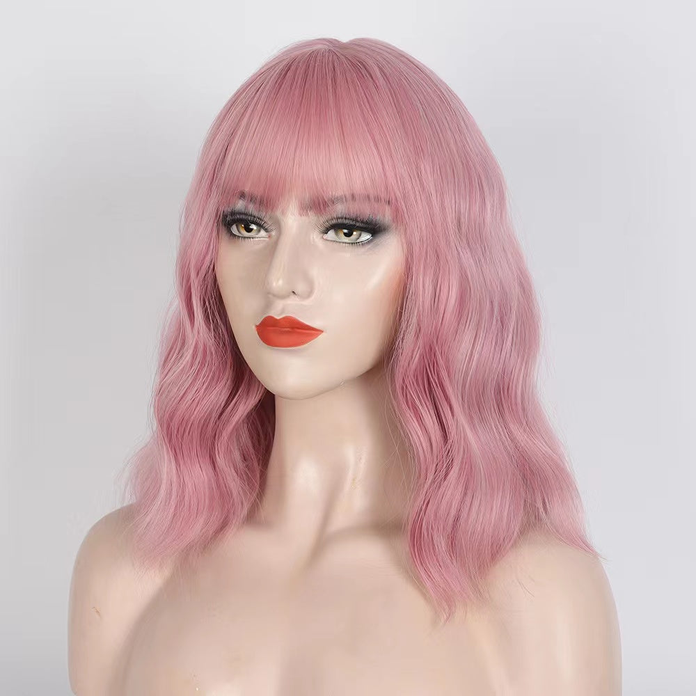 14inch Pink Short Wavy Synthetic Bob Wig with Lovely Bangs For Women