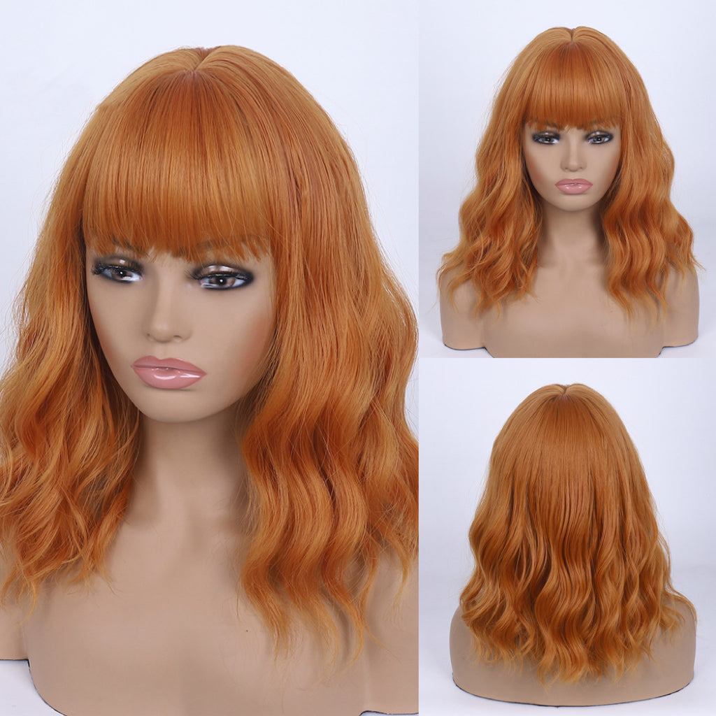 14inch Pink Short Wavy Synthetic Bob Wig with Lovely Bangs For Women