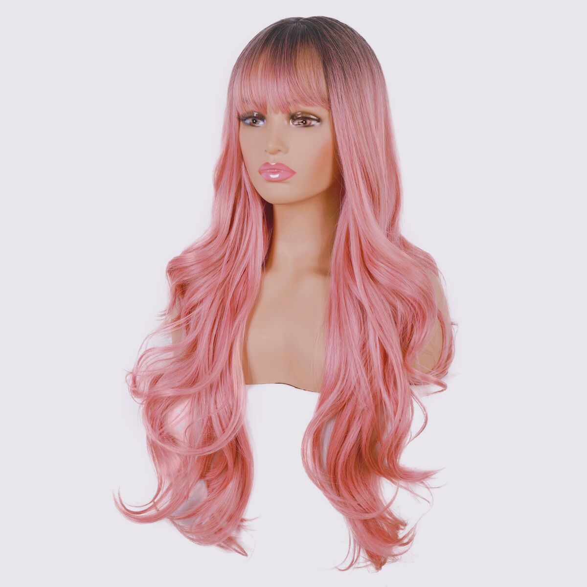 Mywigsland 28 Inch Peachy Glamour Wavy & Layered Ombre Baby Pink Synthetic Wig with Fringe