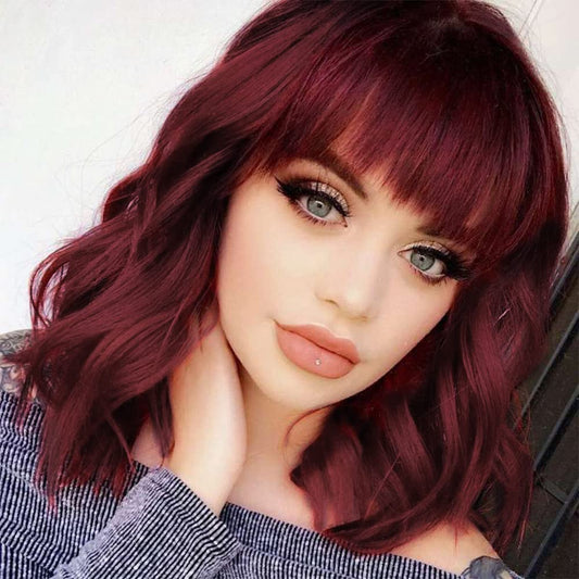 Mywigsland 14 Inch Vigour Girl Short Wavy with Bangs Synthetic Heat Resistant Wig Bob Style