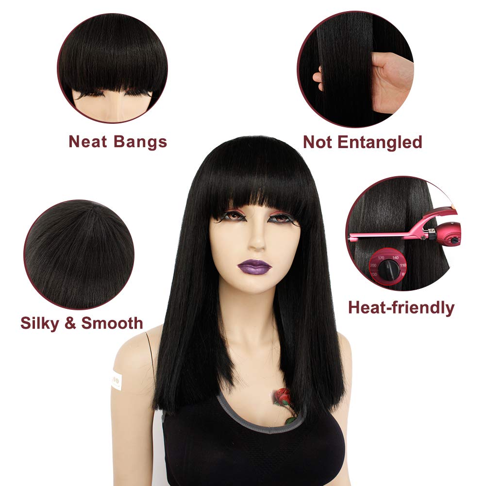 Mywigsland 16 Inch Low-key Cutie Blunt Cut Straight Black Wig with Bangs Natural Looking for Daily Wear