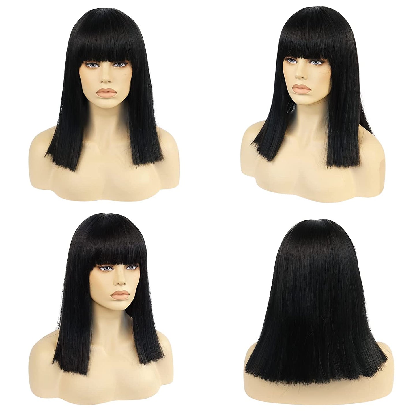 Mywigsland 16 Inch Low-key Cutie Blunt Cut Straight Black Wig with Bangs Natural Looking for Daily Wear