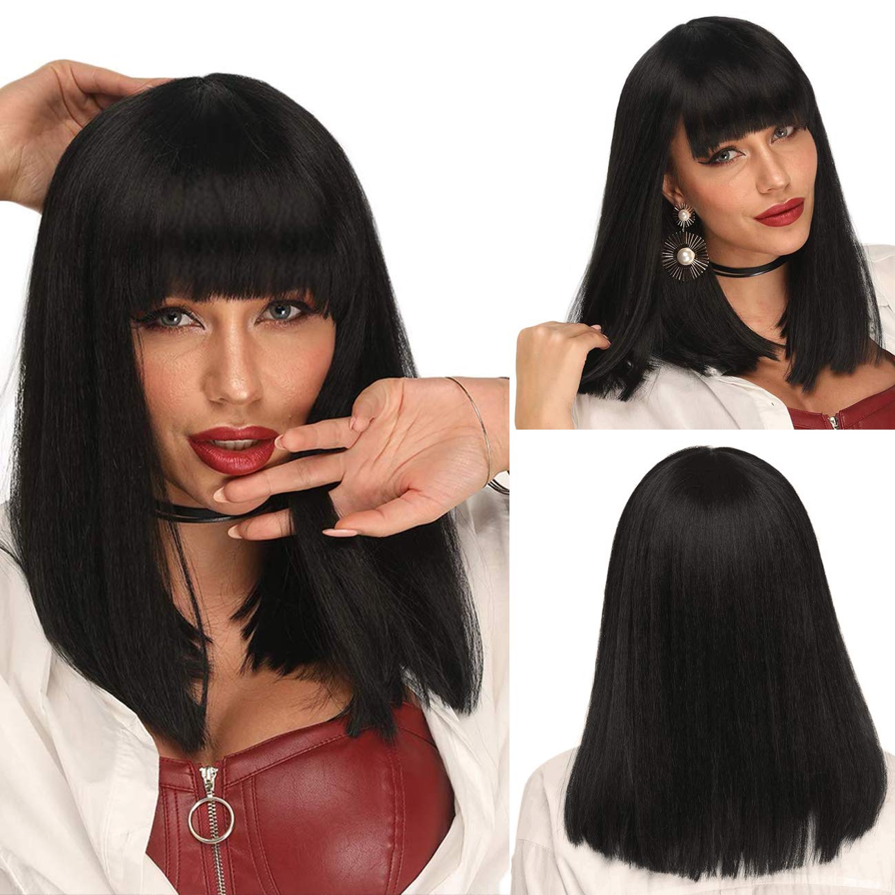 Mywigsland 16 Inch Low-key Cutie Blunt Cut Straight Black Wig with Bangs Natural Looking for Daily Wear