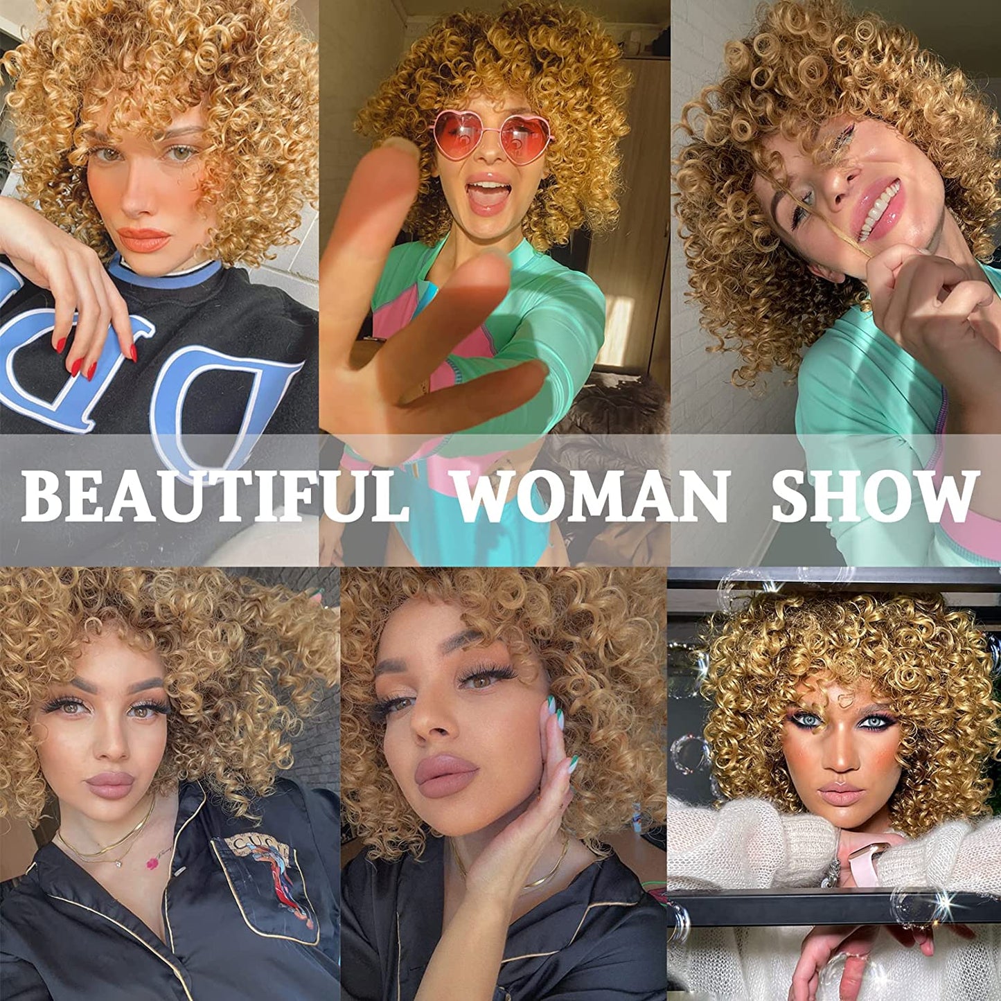 Mywigsland 14 Inch Glowing Queen Ombre Blonde Short Curly Synthetic Afro Wig