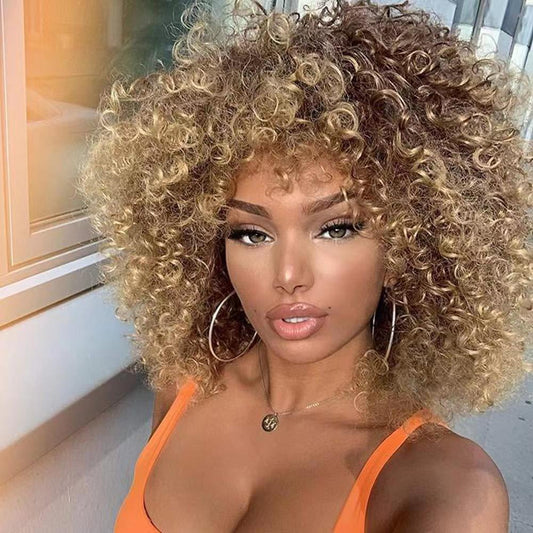 Mywigsland 14 Inch Glowing Queen Ombre Blonde Short Curly Synthetic Afro Wig