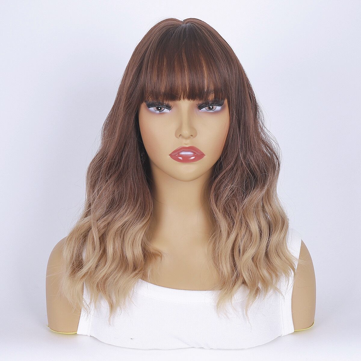 Mywigsland 16 Inch Mystic Dreamer Short Wavy Ombre Brown Synthetic Wig with Fringe