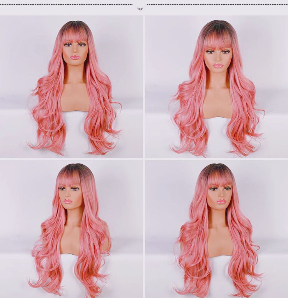 Mywigsland 28 Inch Peachy Glamour Wavy & Layered Ombre Baby Pink Synthetic Wig with Fringe