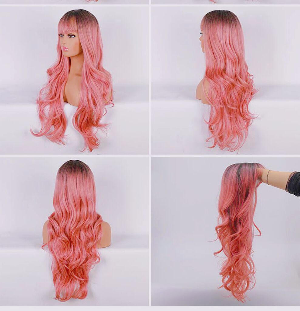 Mywigsland 28 Inch Peachy Glamour Wavy & Layered Ombre Baby Pink Synthetic Wig with Fringe