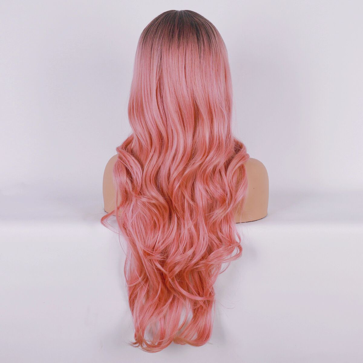 Mywigsland 28 Inch Peachy Glamour Wavy & Layered Ombre Baby Pink Synthetic Wig with Fringe