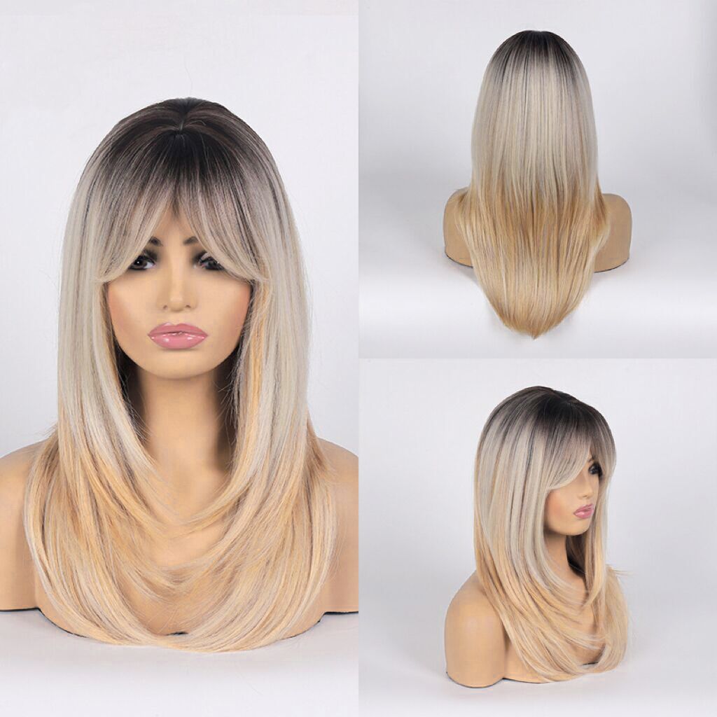 Mywigsland 20 Inch Charming Sweetie Curtain Bangs with Layers Ombre Color Throw on & Go Synthetic Wig