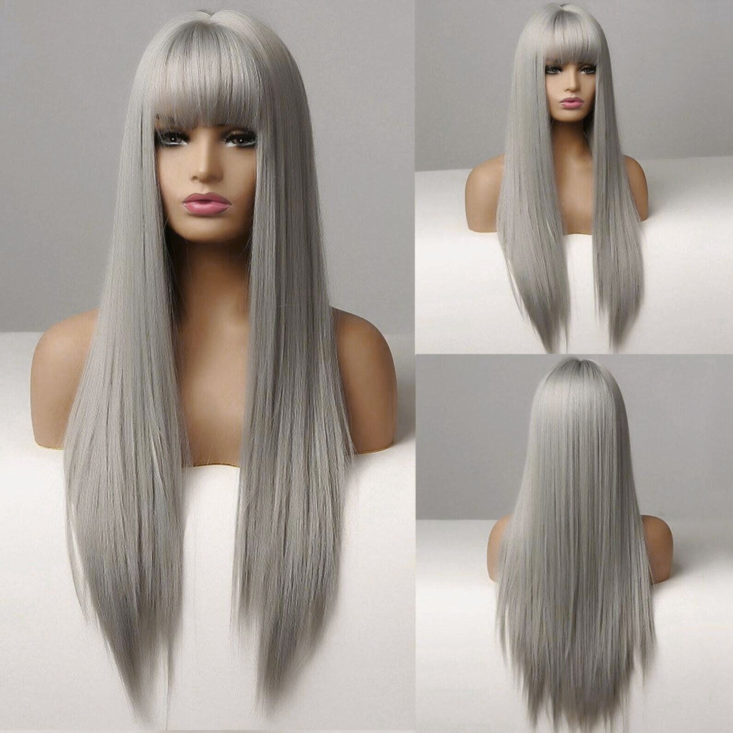 Mywigsland 28 Inch Icy Beauty Long Straight Grey Synthetic Heat Resistant Wig