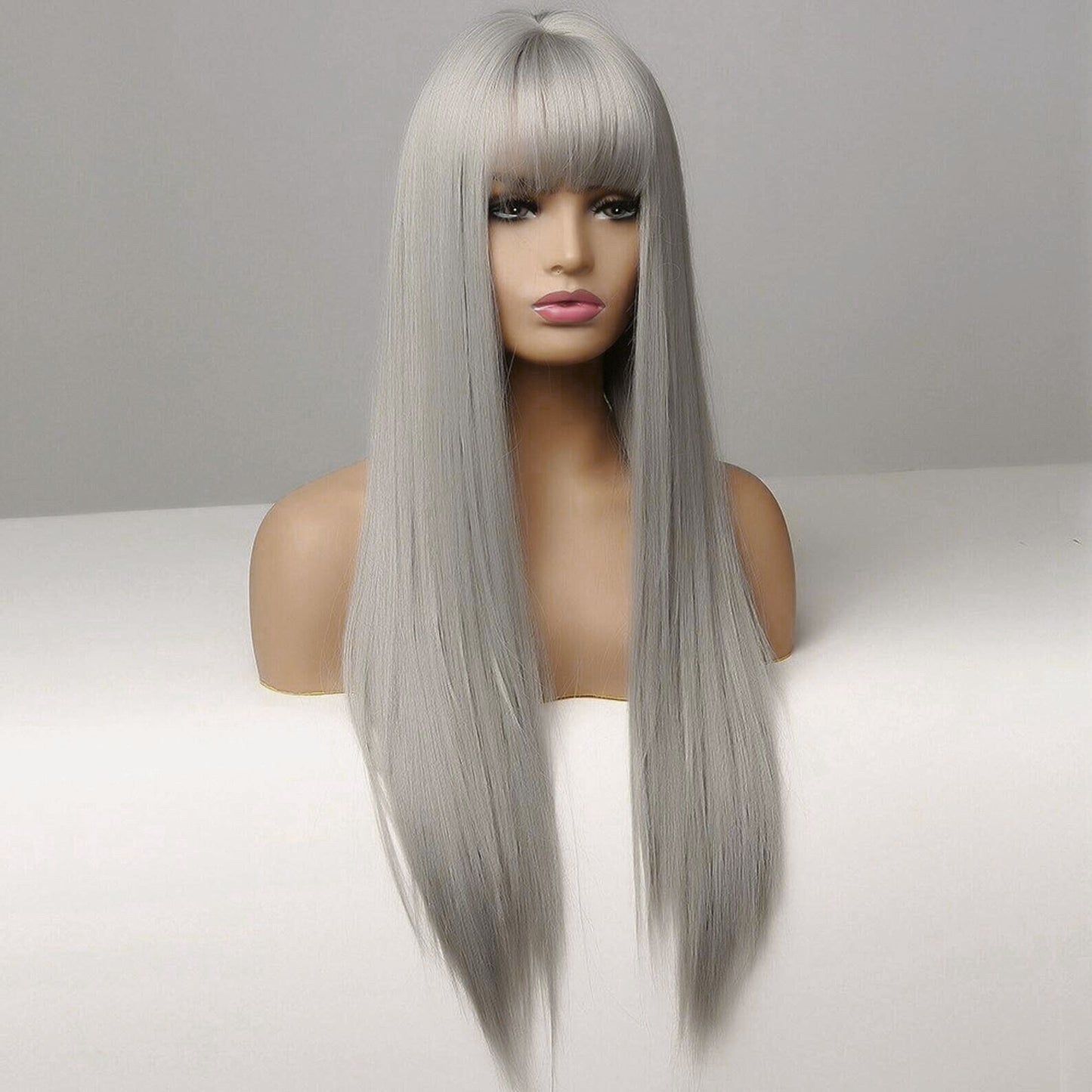 Mywigsland 28 Inch Icy Beauty Long Straight Grey Synthetic Heat Resistant Wig