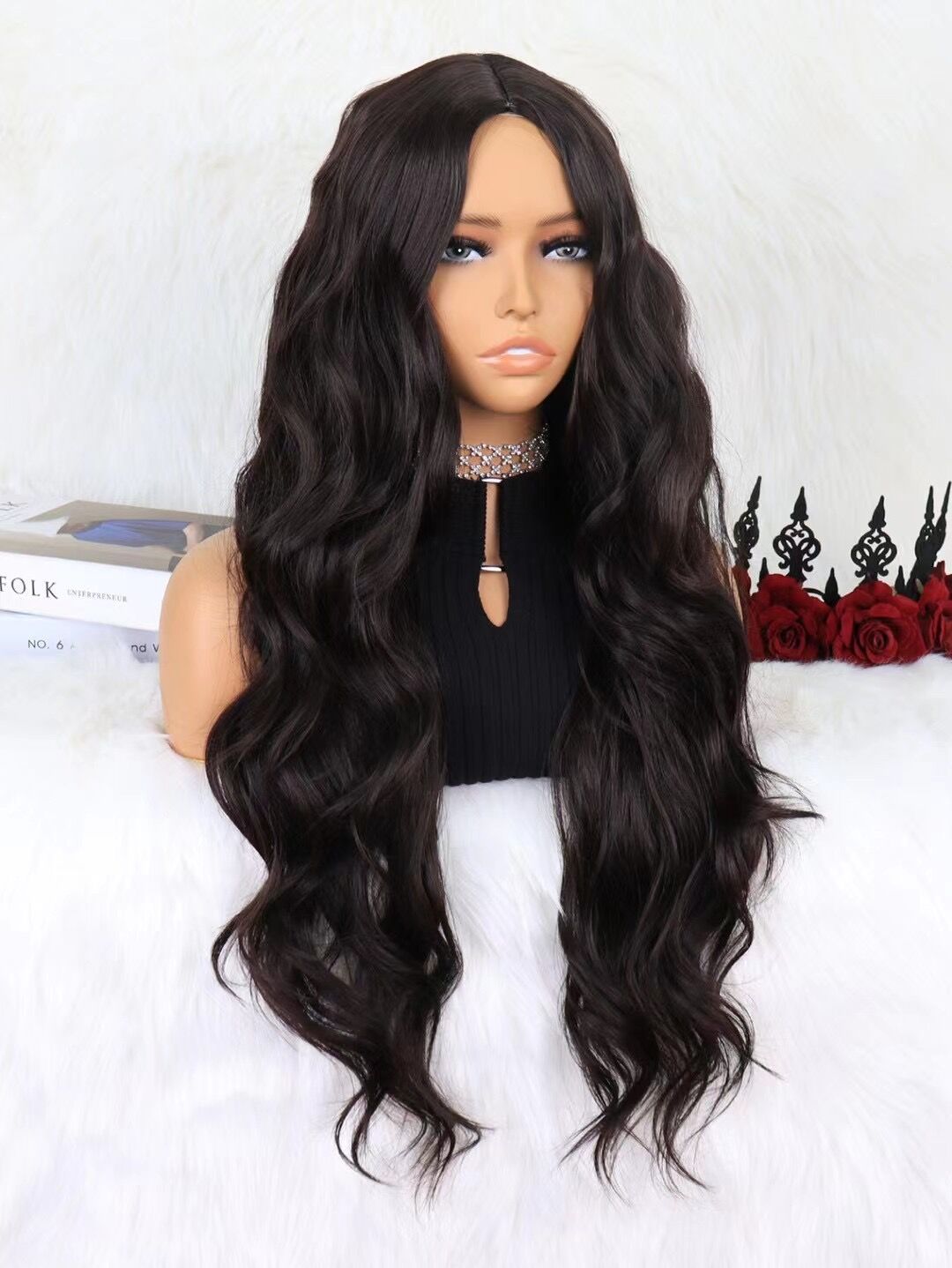 Mywigsland 28 Inch Cold & Elegant Middle Parting Long Wavy Synthetic Wig